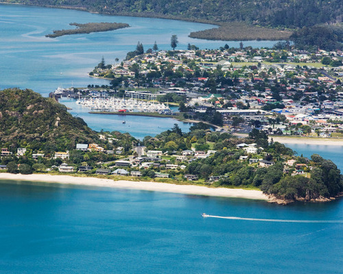 An aerial view of a bay in Coromandel
